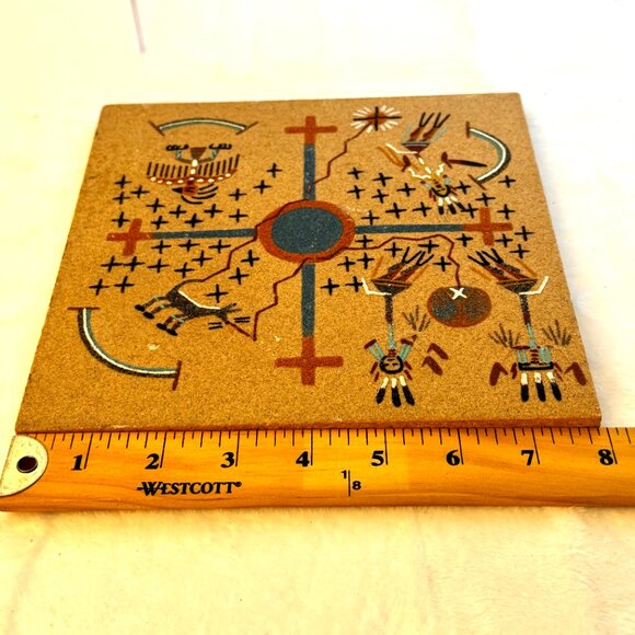 Navajo Indian Sand Art Creation Coyote Stealing Fire 8x8" Tile Todacheenie - Picture 9 of 9